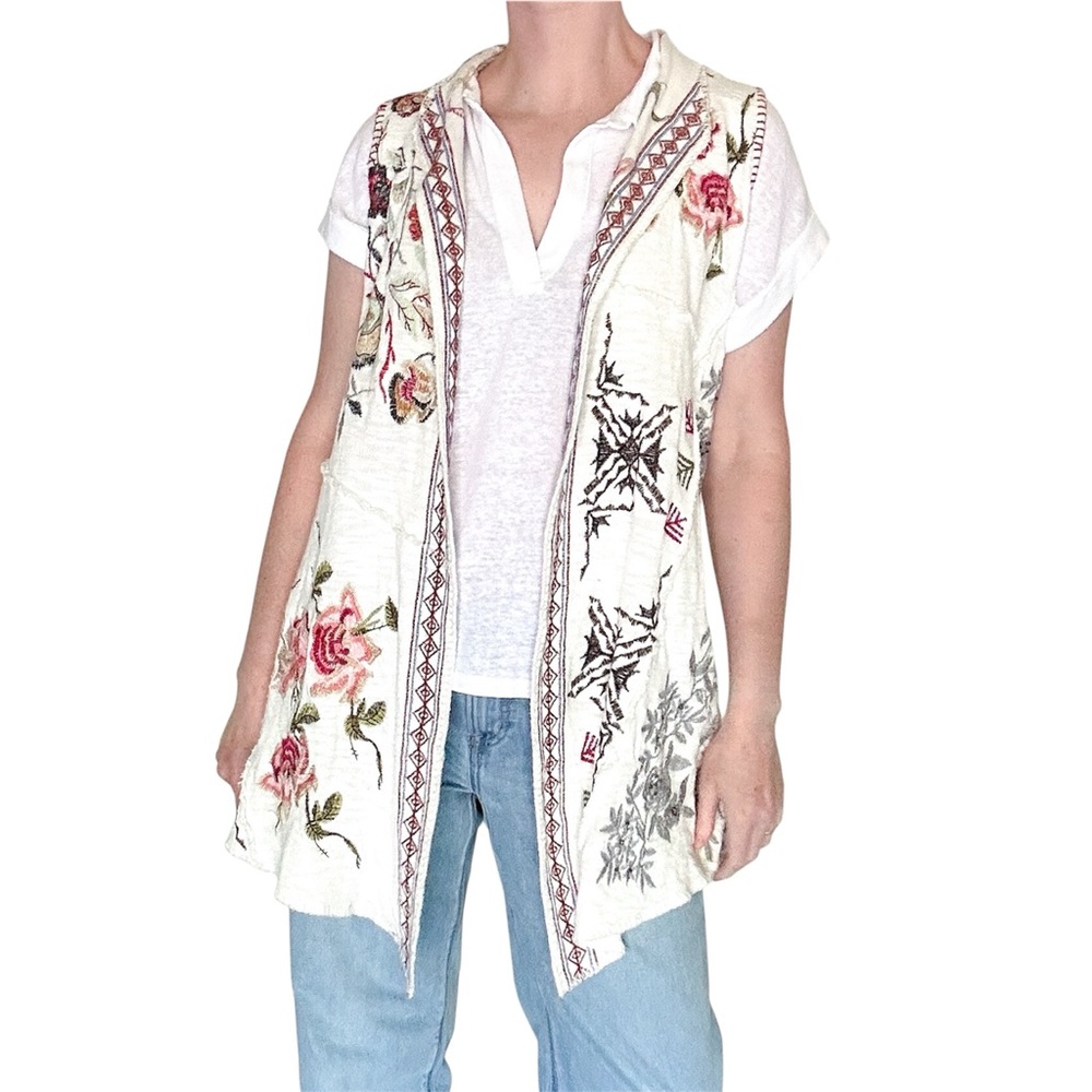 John Mark Floral Embroidered Cotton Vest Boho Chic Beaded Sleeveless Layer XS